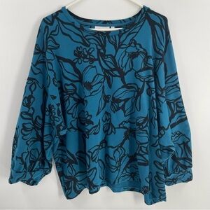 Chicos Peacock Blue Black Floral French Terry Blouson Puff 3/4 Sleeve Sweatshirt